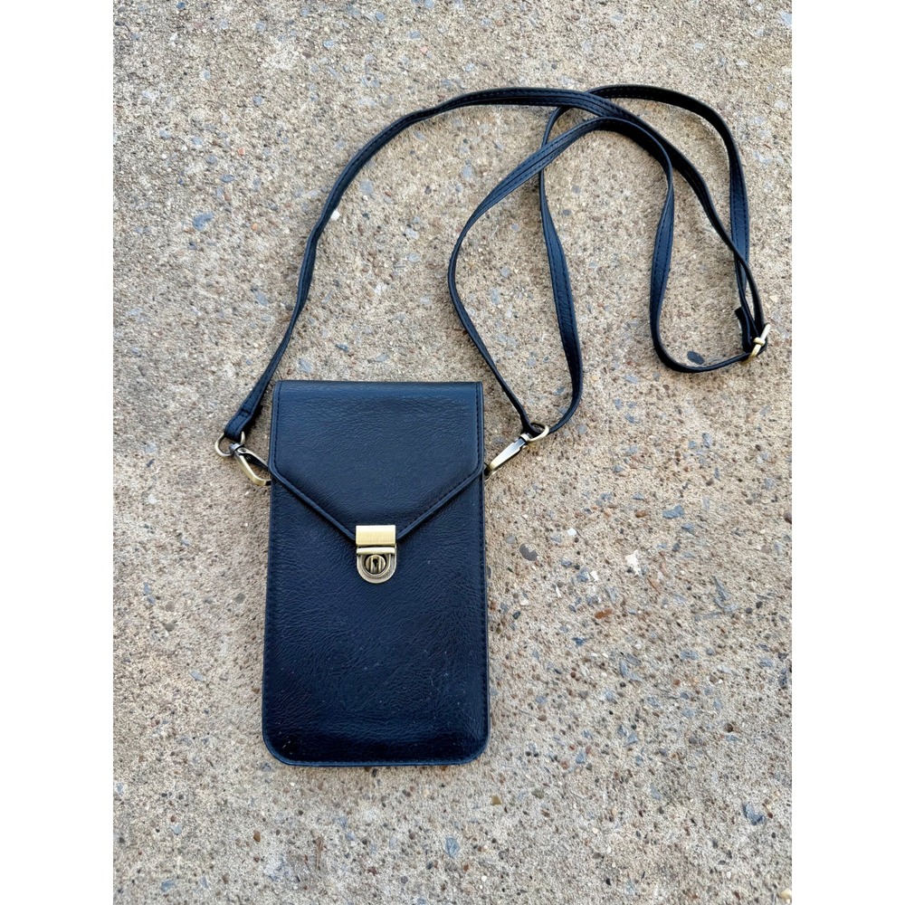 Black Faux Leather Crossbody Phone Bag Brass Tuck Lock Mini Shoulder Purse